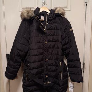 Michael Kors Black Faux Fur-Trimmed belted Women's Puffer Coat